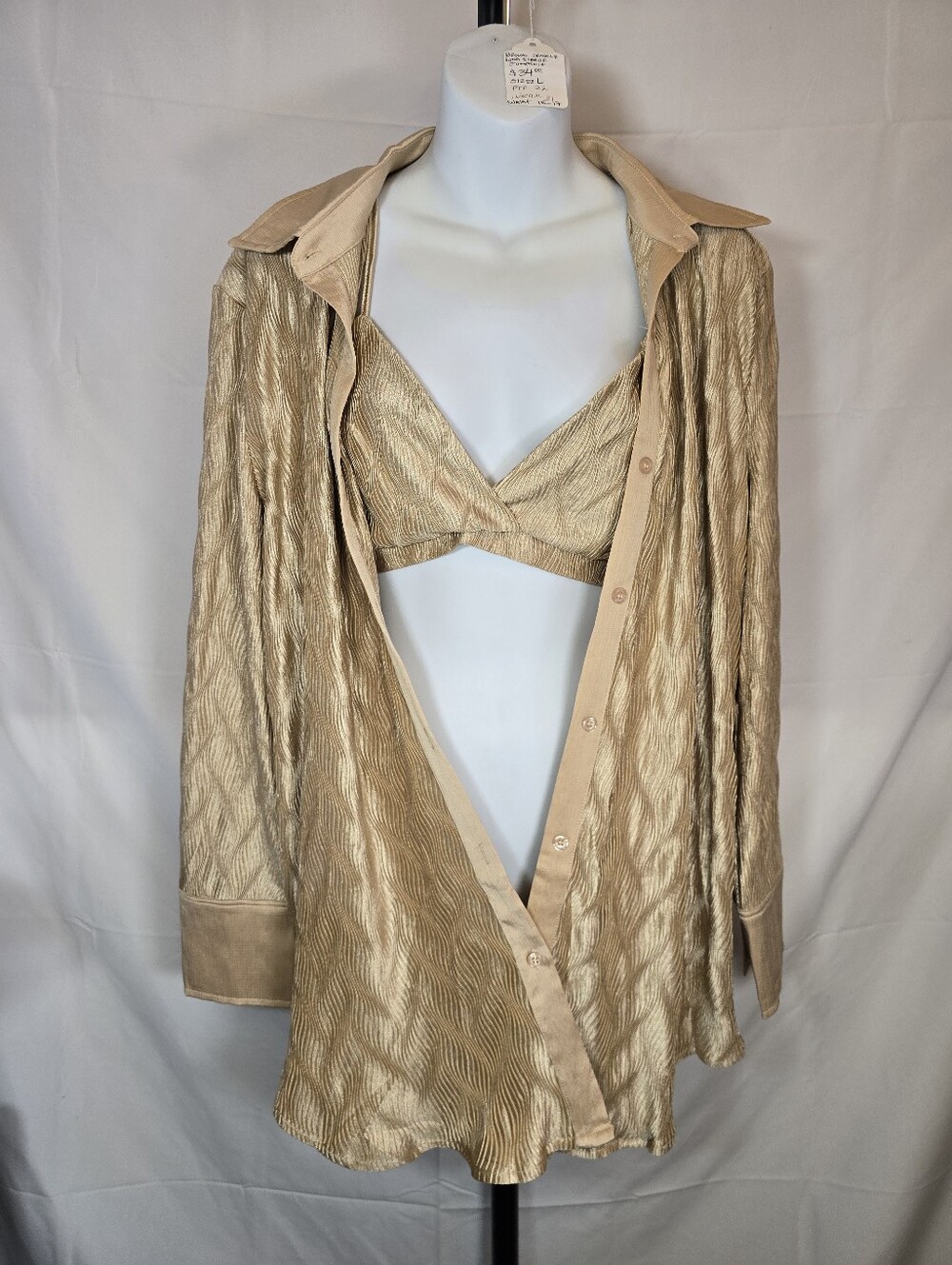 Gold Long Sleeve Button down Blouse with Bralette